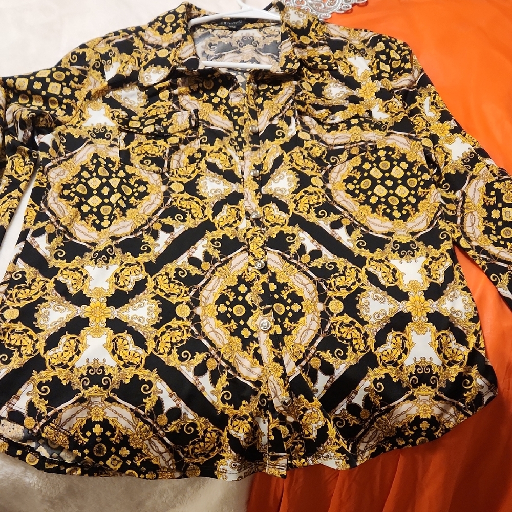 Women's Black and Gold Patterned Shirt